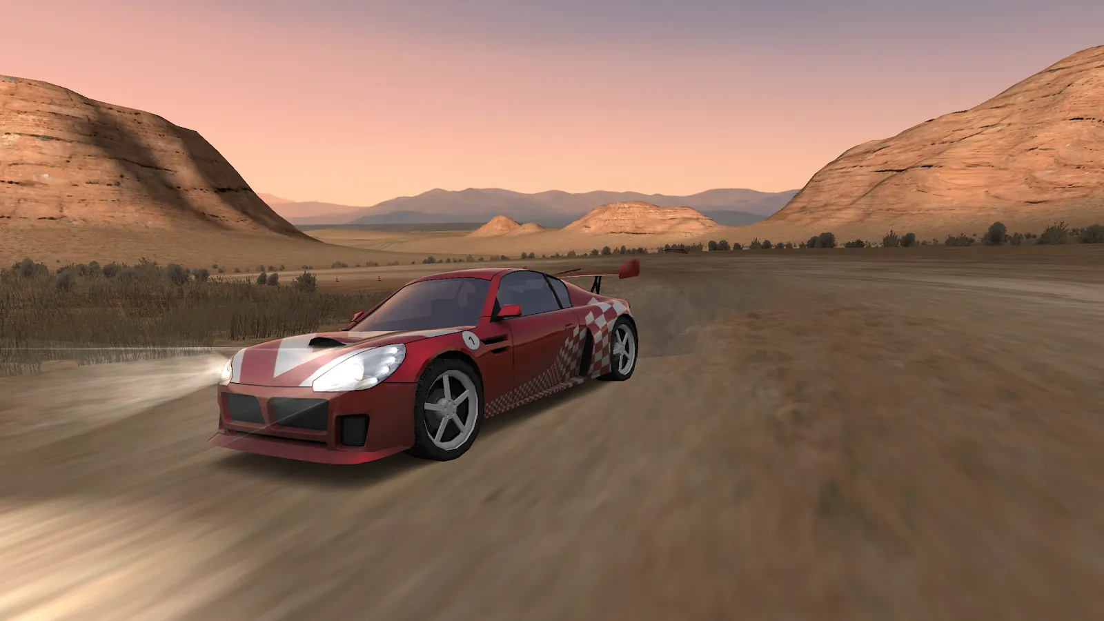 Auto da rally arcade in derapata su una pista sterrata al tramonto